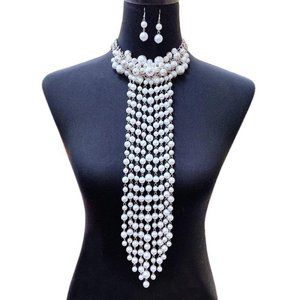 SILVER NECKTIE DESGIN NECKLACE SET WHITE PEARLS